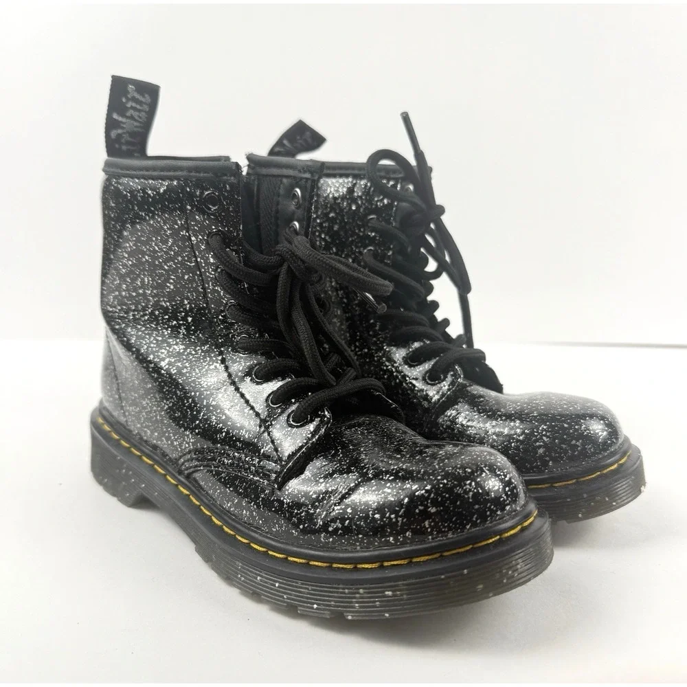 Dr Martens Boots Kids US 1 Black Sparkle Cosmic Glitter 1460 J Lace Up Girls